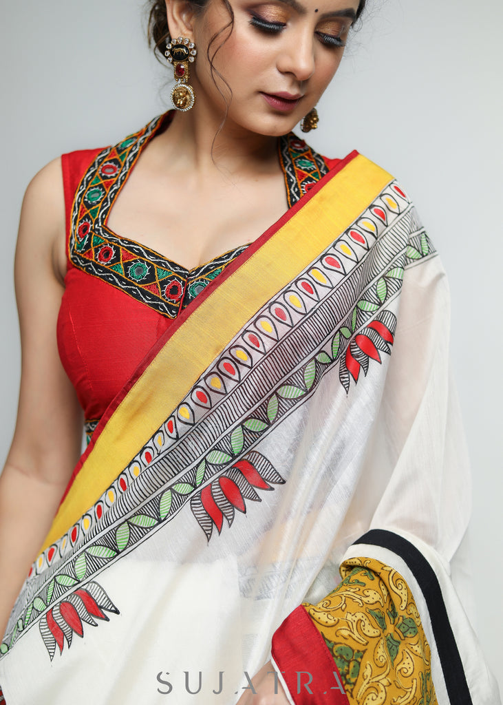 Stylish White Chanderi Saree with Mustard Ajrakh Border & Gond Painting Detailing