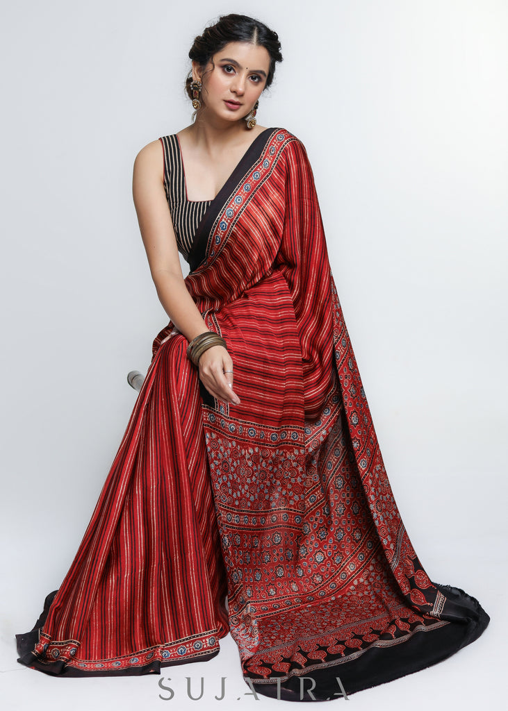 Exclusive Red Modal Silk Saree with Striped Pattern