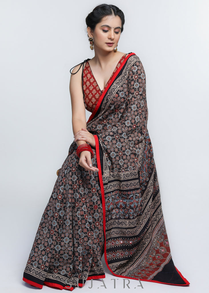 Gorgeous Black Ajrakh Cotton Saree with Red Border