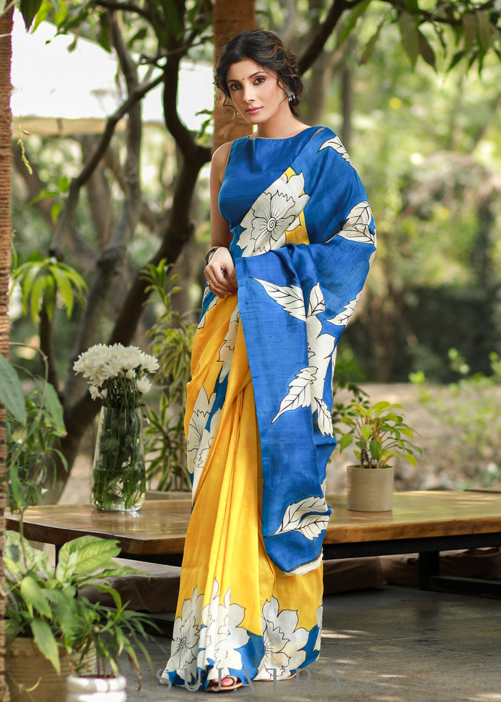 Graceful Yellow & Blue Pure Silk Handpainted Saree