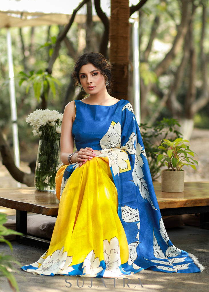 Graceful Yellow & Blue Pure Silk Handpainted Saree