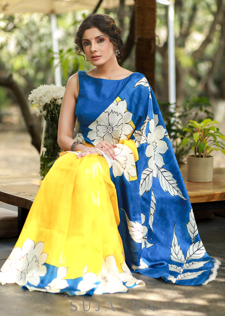 Graceful Yellow & Blue Pure Silk Handpainted Saree