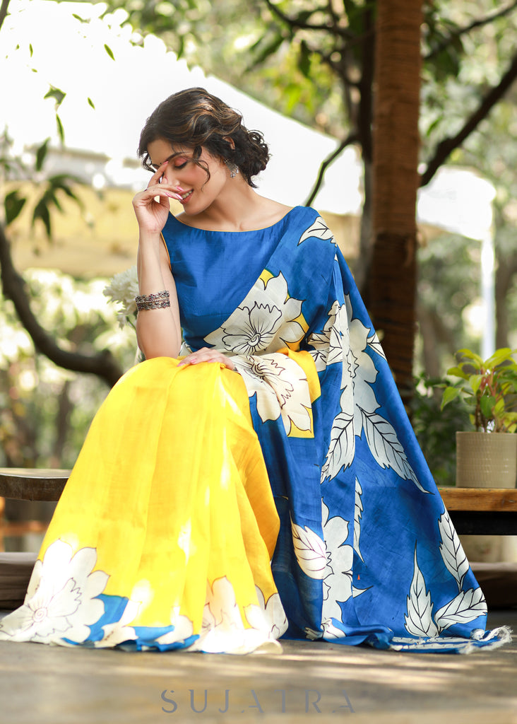 Graceful Yellow & Blue Pure Silk Handpainted Saree