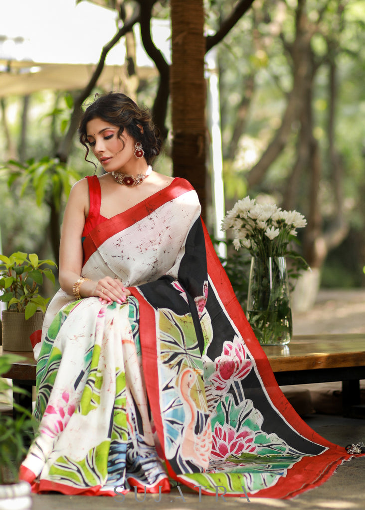 Elegant Off-white Pure Silk Batik Saree with Fusion Handpainting