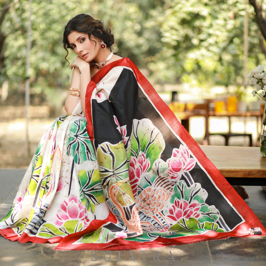 Elegant Off-white Pure Silk Batik Saree with Fusion Handpainting