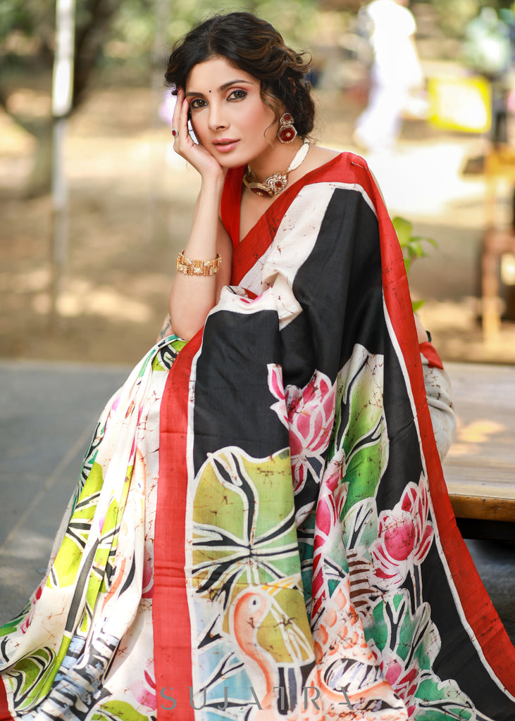 Elegant Off-white Pure Silk Batik Saree with Fusion Handpainting