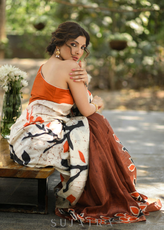 Stylish Brown & off-white Combination Hand Batik Pure Silk Saree