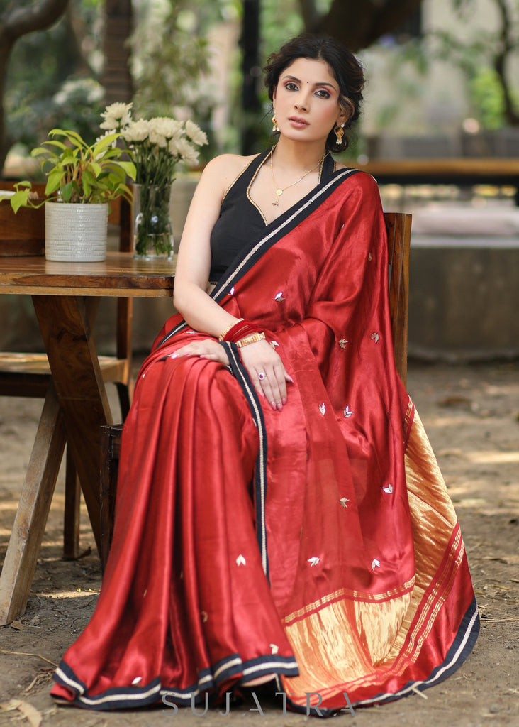 Graceful Maroon Modal Silk Saree With Tissue Pallu and Highlighted with Beautiful Handwork