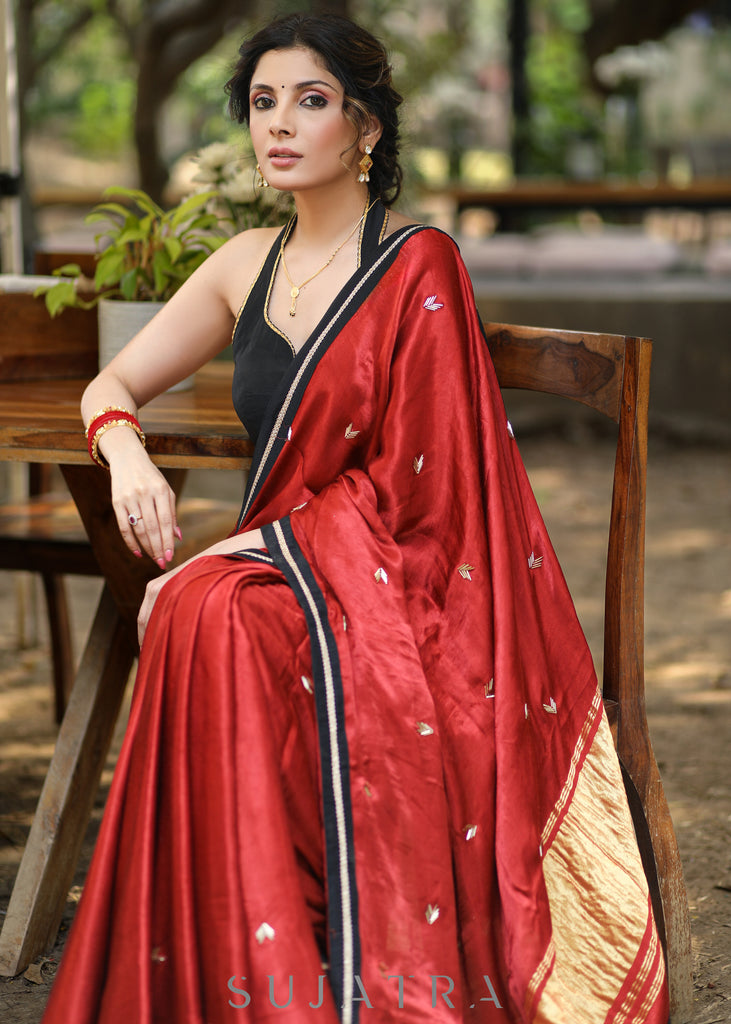 Graceful Maroon Modal Silk Saree With Tissue Pallu and Highlighted with Beautiful Handwork