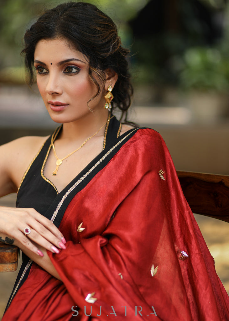 Graceful Maroon Modal Silk Saree With Tissue Pallu and Highlighted with Beautiful Handwork
