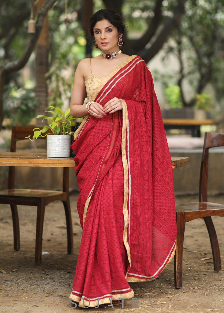 Beautiful Maroon Embroidered Georgette Saree with Golden & Lace Detailing