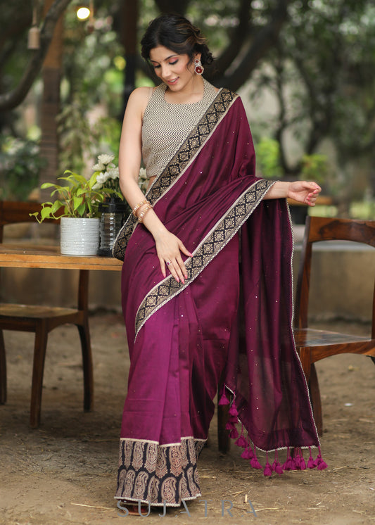 Stylish Wine Cotton Sequence Saree with Ajrakh Border