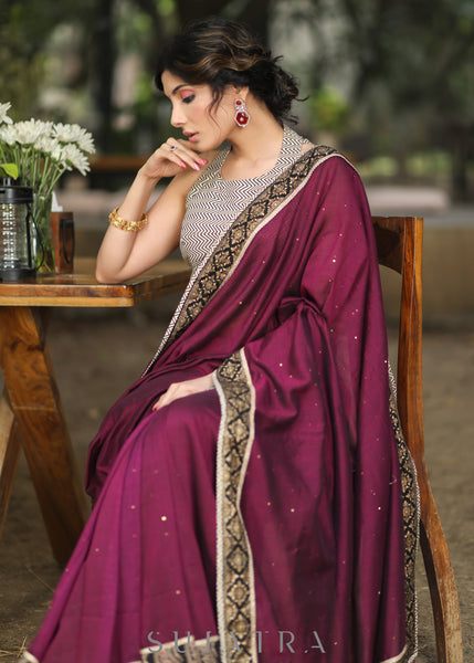 Stylish Wine Cotton Sequence Saree with Ajrakh Border