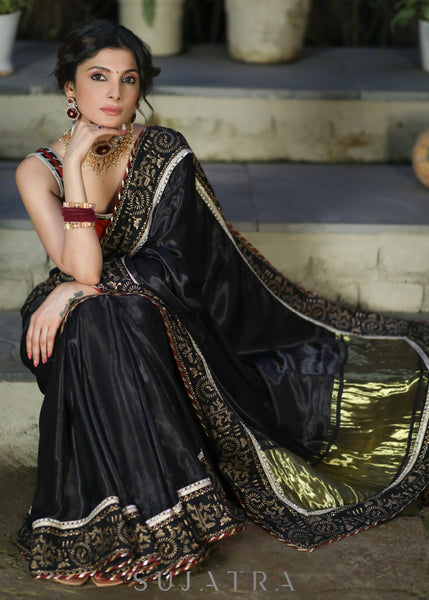 Elegant Black Modal Silk Saree with Golden Border Highlighted with Lace