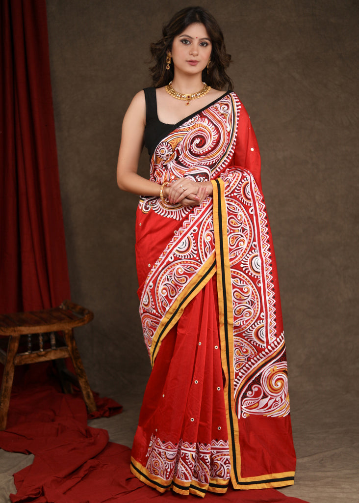 Vibrant Red Chanderi Saree with Elegant Alpana Handpainting