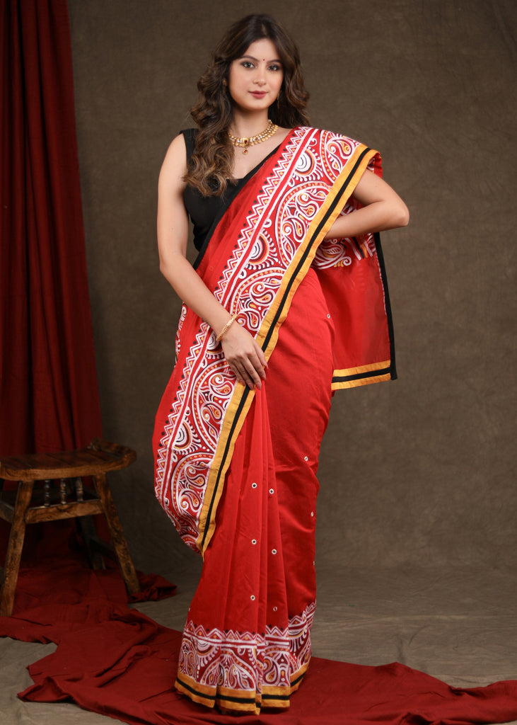 Vibrant Red Chanderi Saree with Elegant Alpana Handpainting