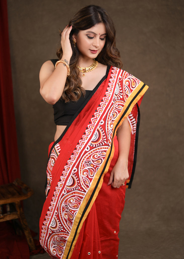 Vibrant Red Chanderi Saree with Elegant Alpana Handpainting