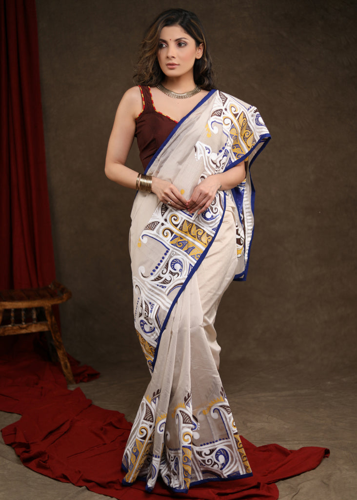 Serene Cream Chanderi Saree with Exclusive Alpana Handpainiting & Blue Border
