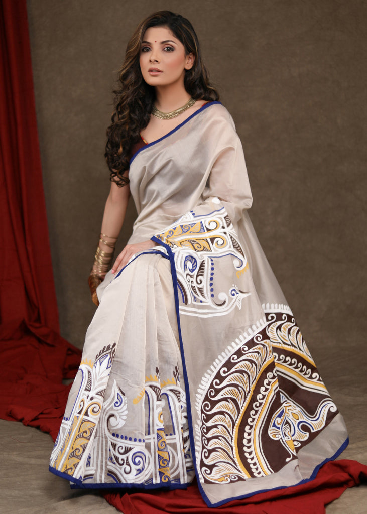 Serene Cream Chanderi Saree with Exclusive Alpana Handpainiting & Blue Border