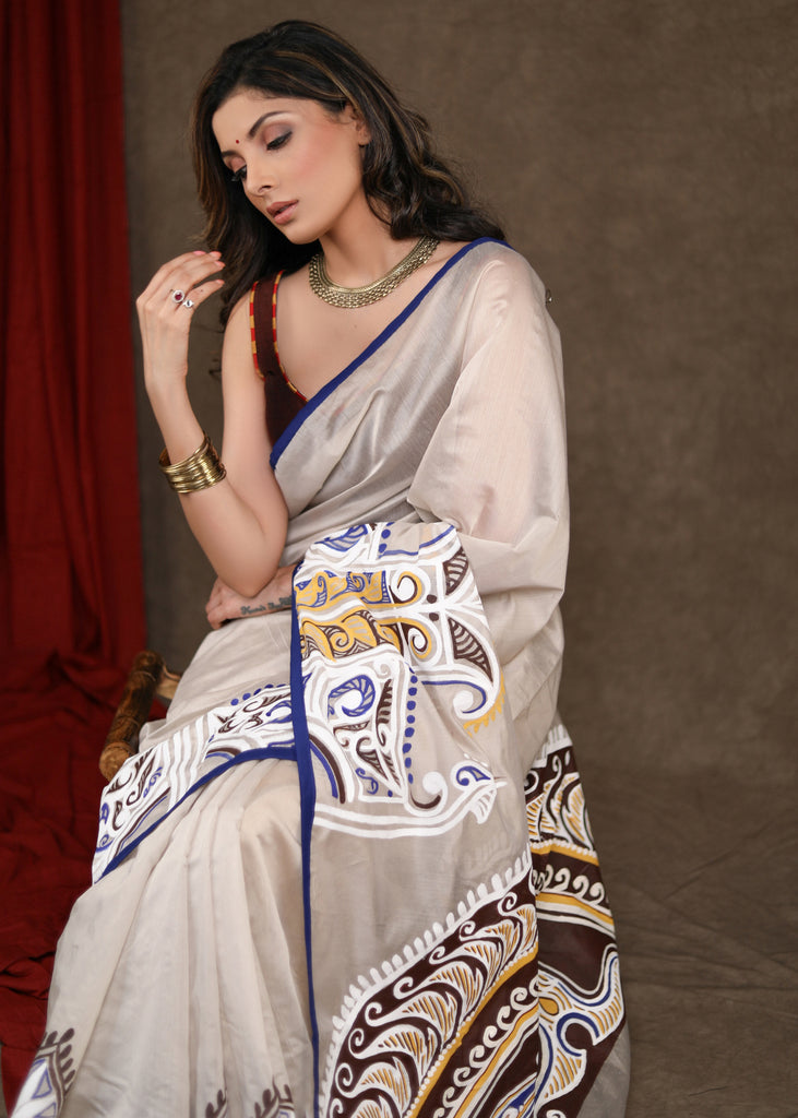 Serene Cream Chanderi Saree with Exclusive Alpana Handpainiting & Blue Border