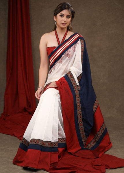 Designer White,Blue Chanderi & Cotton Silk Combination Saree Highlighted with Handpainted Temple Motif