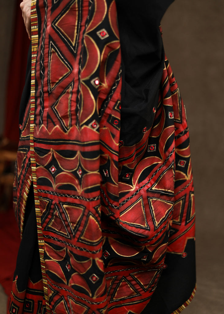 Exclusive Black Cotton Silk Hand Painted Saree Highlighted with Mirrorwork