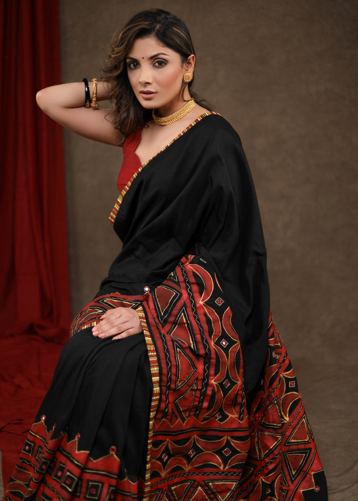 Exclusive Black Cotton Silk Hand Painted Saree Highlighted with Mirrorwork