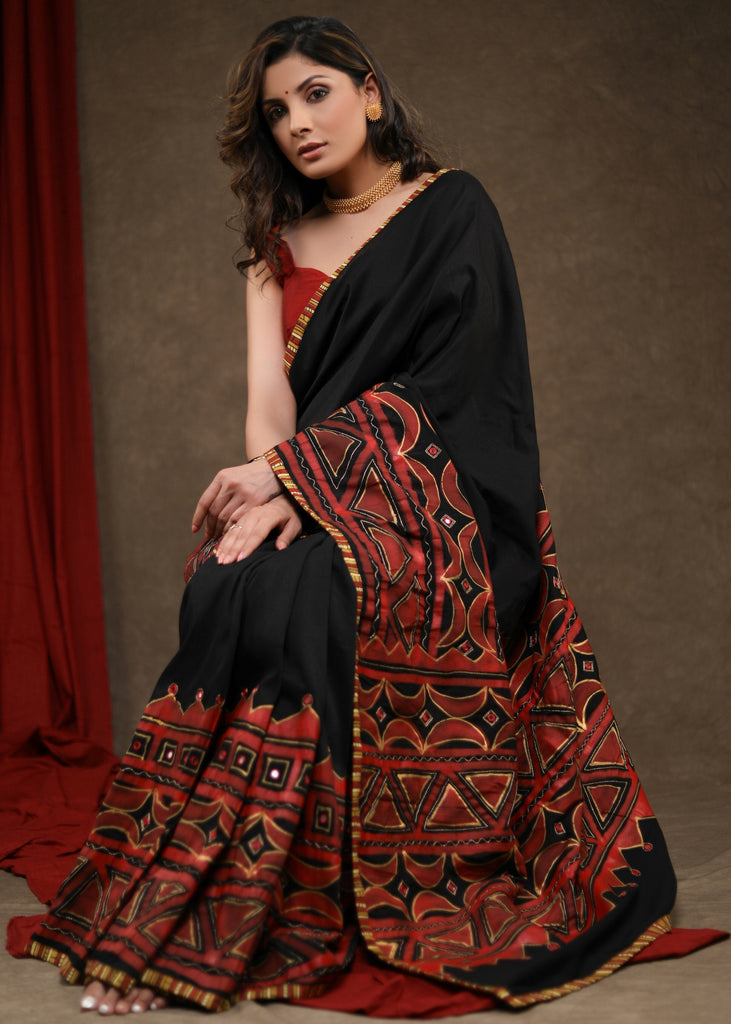 Exclusive Black Cotton Silk Hand Painted Saree Highlighted with Mirrorwork