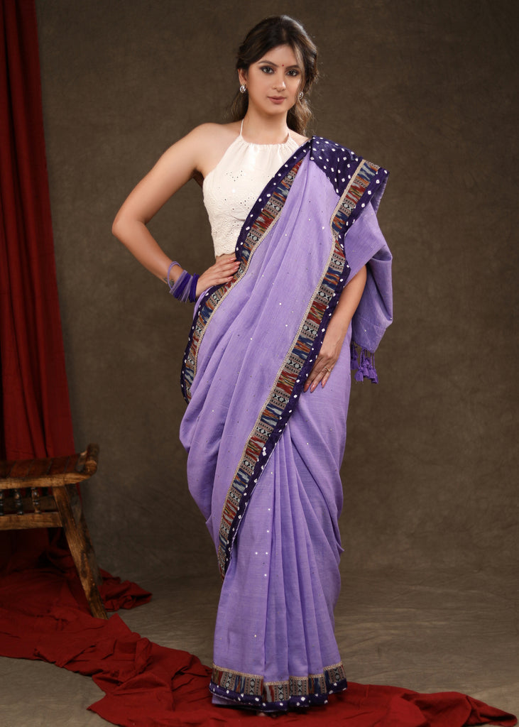 Smart Lilac Sequence Cotton Saree with Bandhani Pallu Highlighted with Ikat & Bandhani Combination Border