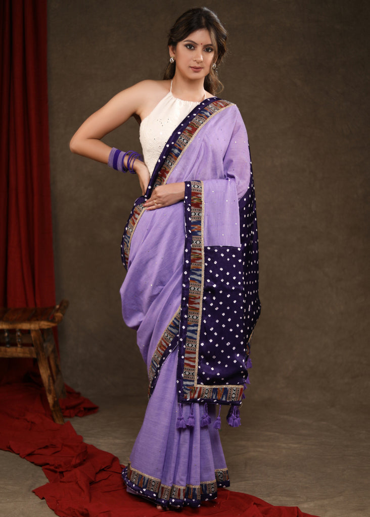 Smart Lilac Sequence Cotton Saree with Bandhani Pallu Highlighted with Ikat & Bandhani Combination Border