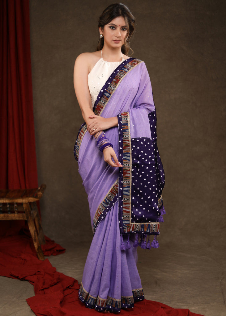 Smart Lilac Sequence Cotton Saree with Bandhani Pallu Highlighted with Ikat & Bandhani Combination Border
