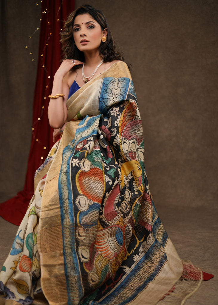 Gorgeous Pure Tussar Silk Kalamkari Design Saree with Zari Border