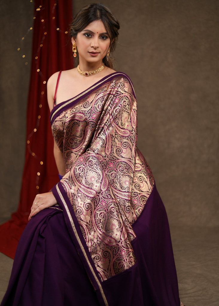 Mesmering Midnight Purple Rayon & Banasari Combination Saree