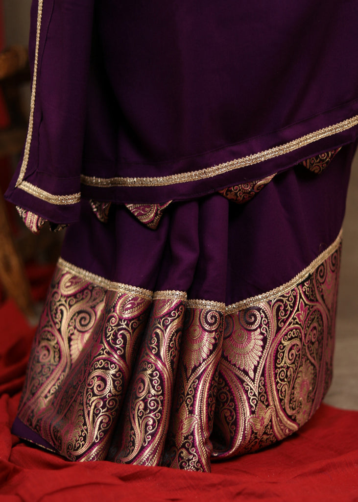 Mesmering Midnight Purple Rayon & Banasari Combination Saree