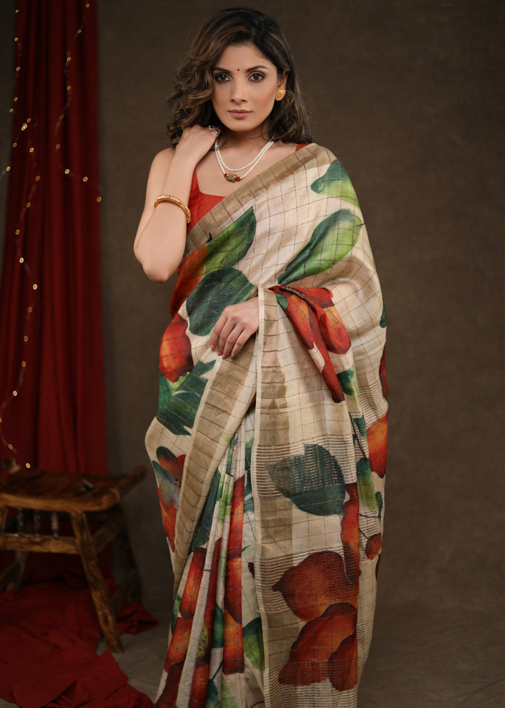 Exclusive Beige Pure Tussar Silk Hand Batik Saree with Zari