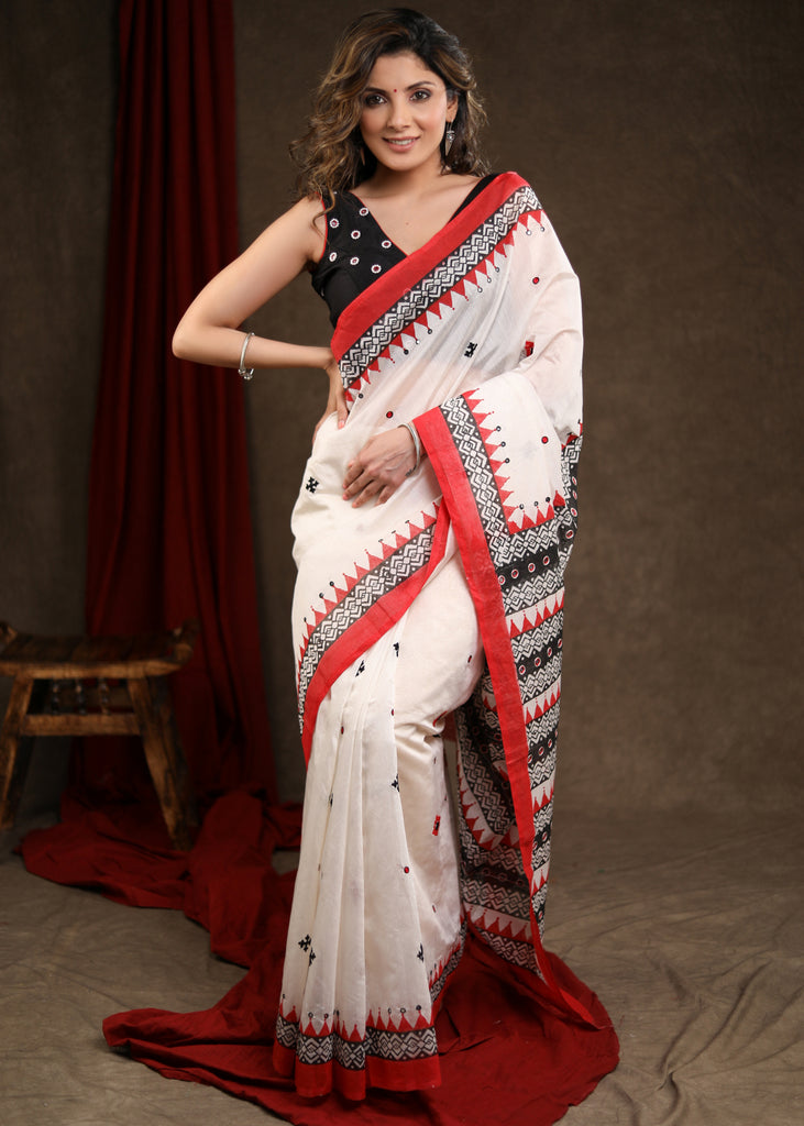 Classy White Block Printed Chanderi Saree with Temple Border & Hand Embroidered Gujarati Stitch