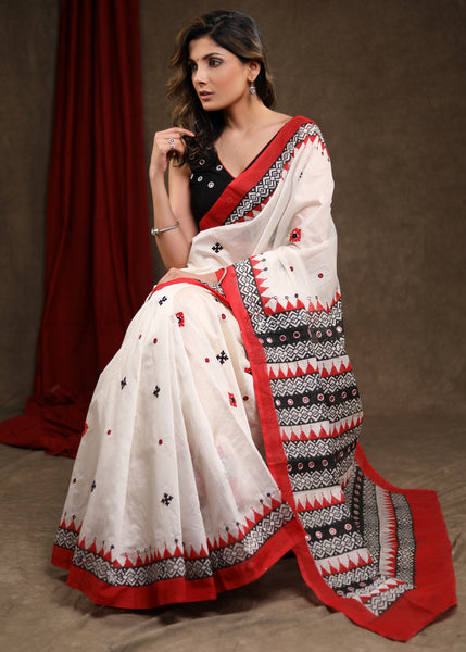 Classy White Block Printed Chanderi Saree with Temple Border & Hand Embroidered Gujarati Stitch