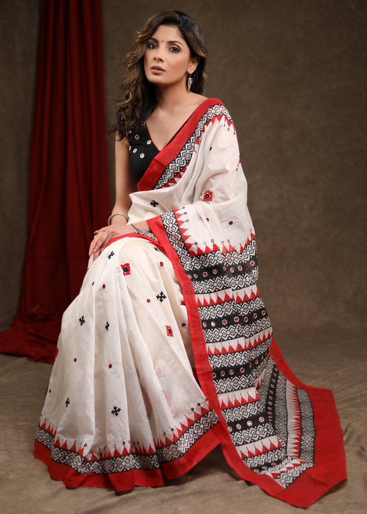 Classy White Block Printed Chanderi Saree with Temple Border & Hand Embroidered Gujarati Stitch