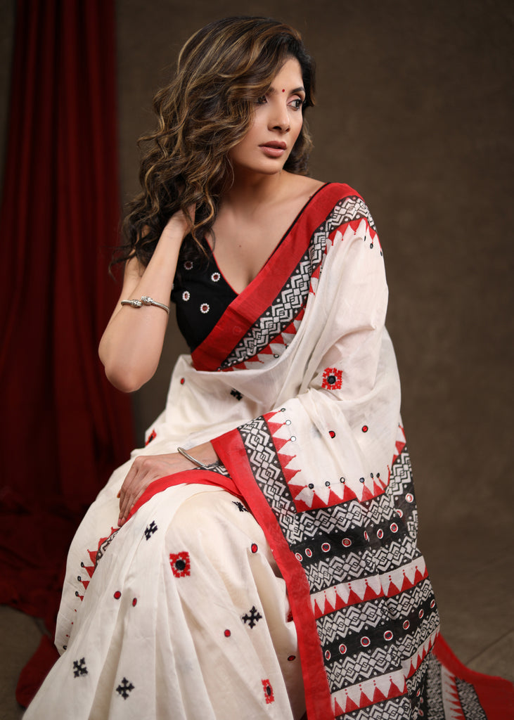 Classy White Block Printed Chanderi Saree with Temple Border & Hand Embroidered Gujarati Stitch