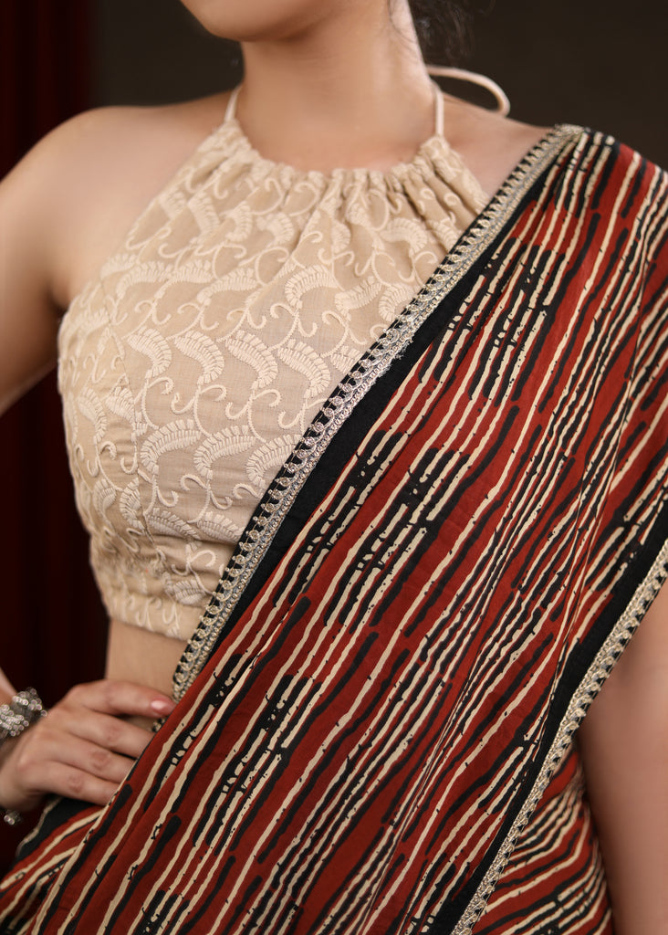Charming Cream Cotton Half & Half Saree with Strip Combination Highlighted with Zari Border