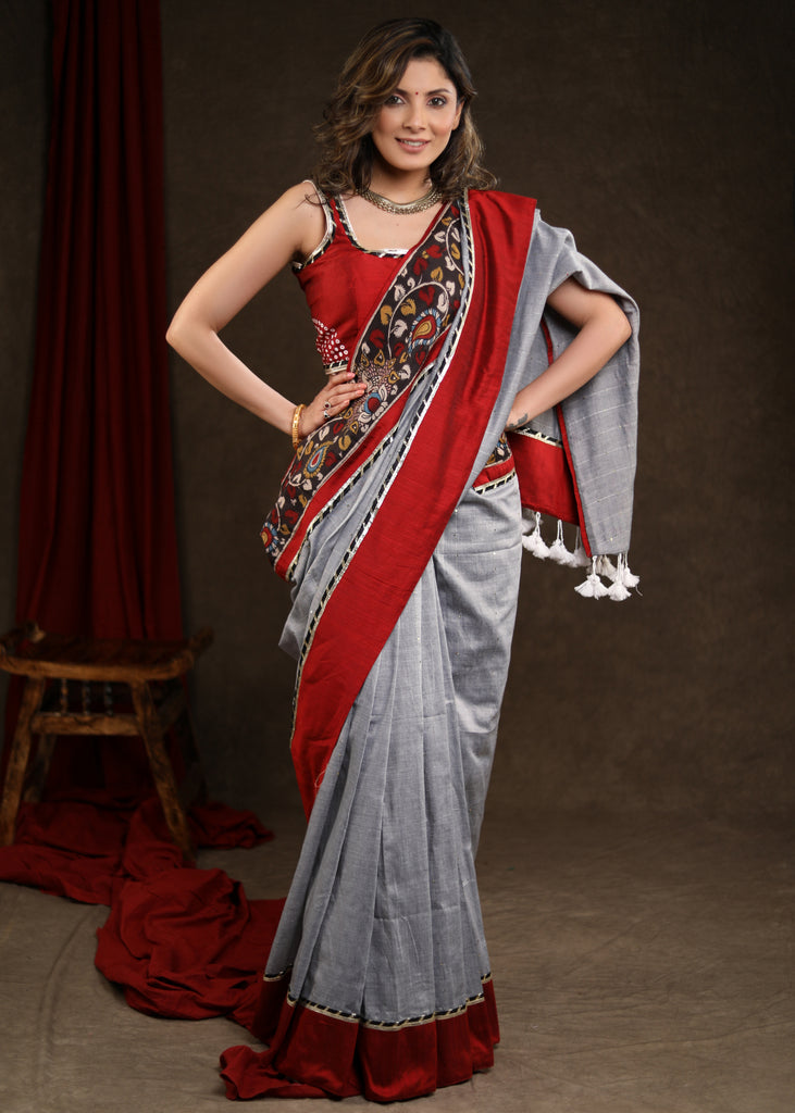 Soothing Cloud Grey Sequence Saree with Kalamkari Border Highlighted with Gota-Patti Lace