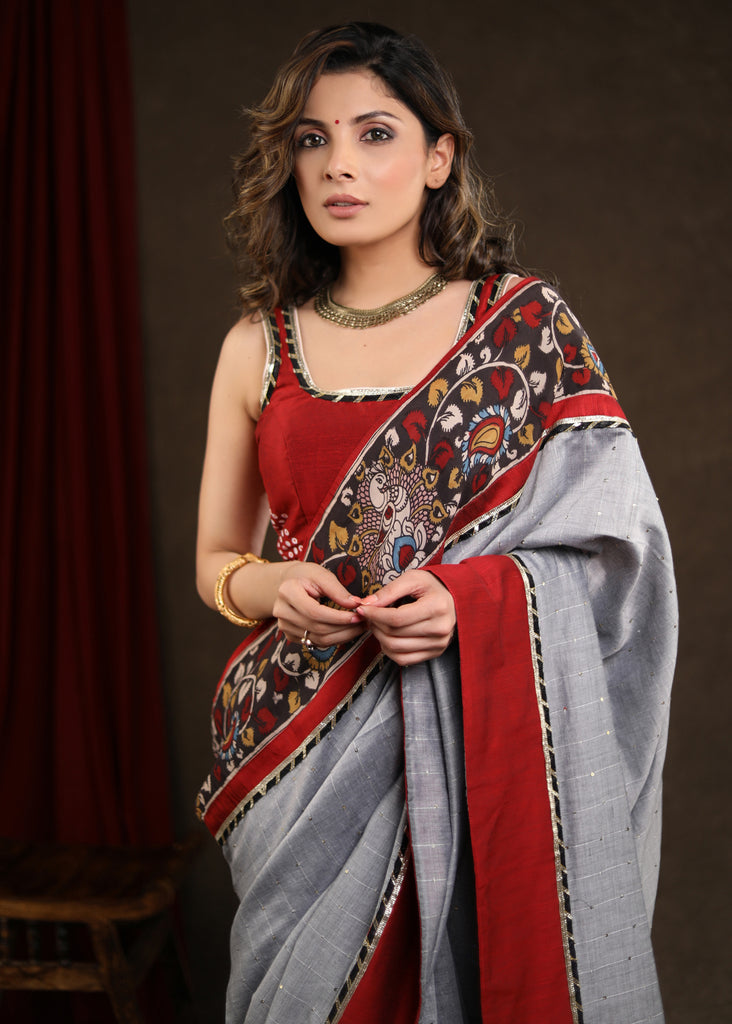 Soothing Cloud Grey Sequence Saree with Kalamkari Border Highlighted with Gota-Patti Lace