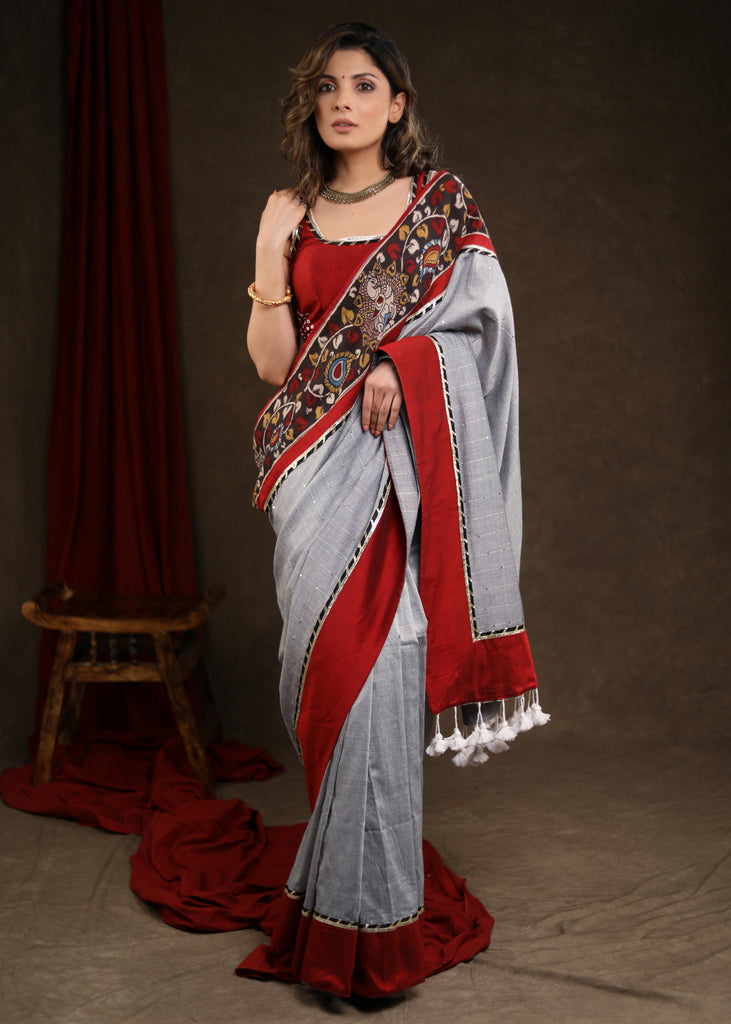 Soothing Cloud Grey Sequence Saree with Kalamkari Border Highlighted with Gota-Patti Lace