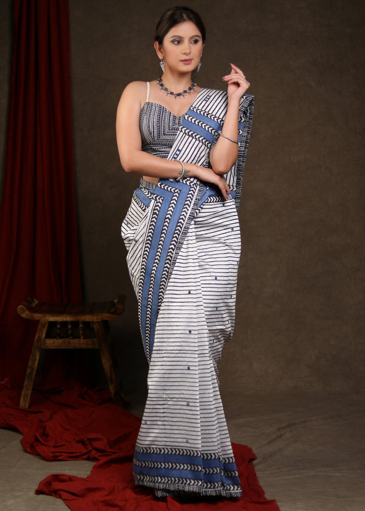 Captivating White & Blue Chanderi Block Print Saree Highlighted with Mirrorwork