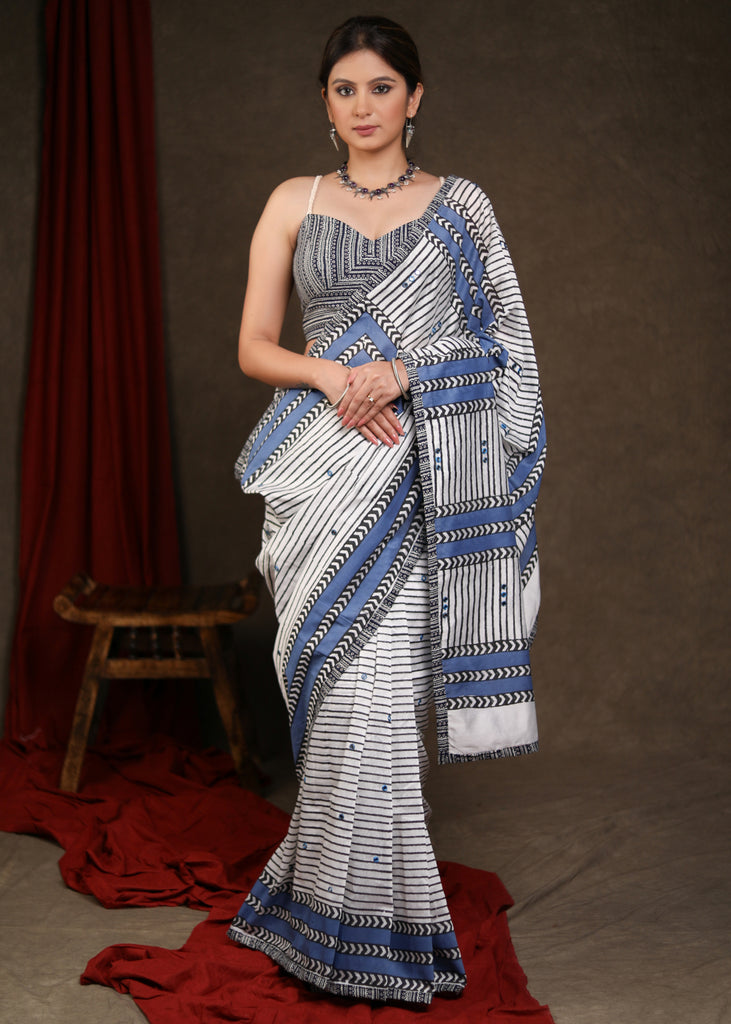 Captivating White & Blue Chanderi Block Print Saree Highlighted with Mirrorwork