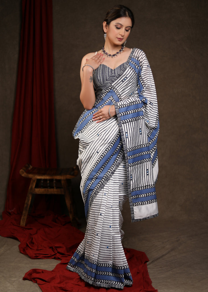 Captivating White & Blue Chanderi Block Print Saree Highlighted with Mirrorwork