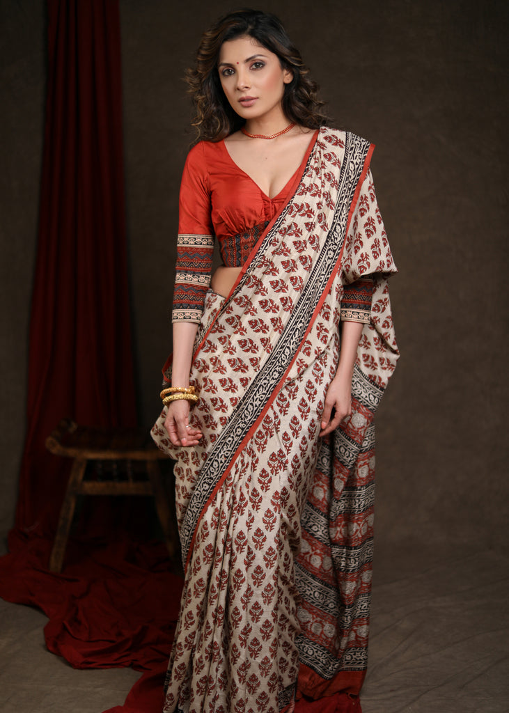 Classic Fakira Print Cream & Rust Modal Saree