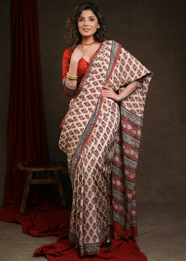 Classic Fakira Print Cream & Rust Modal Saree