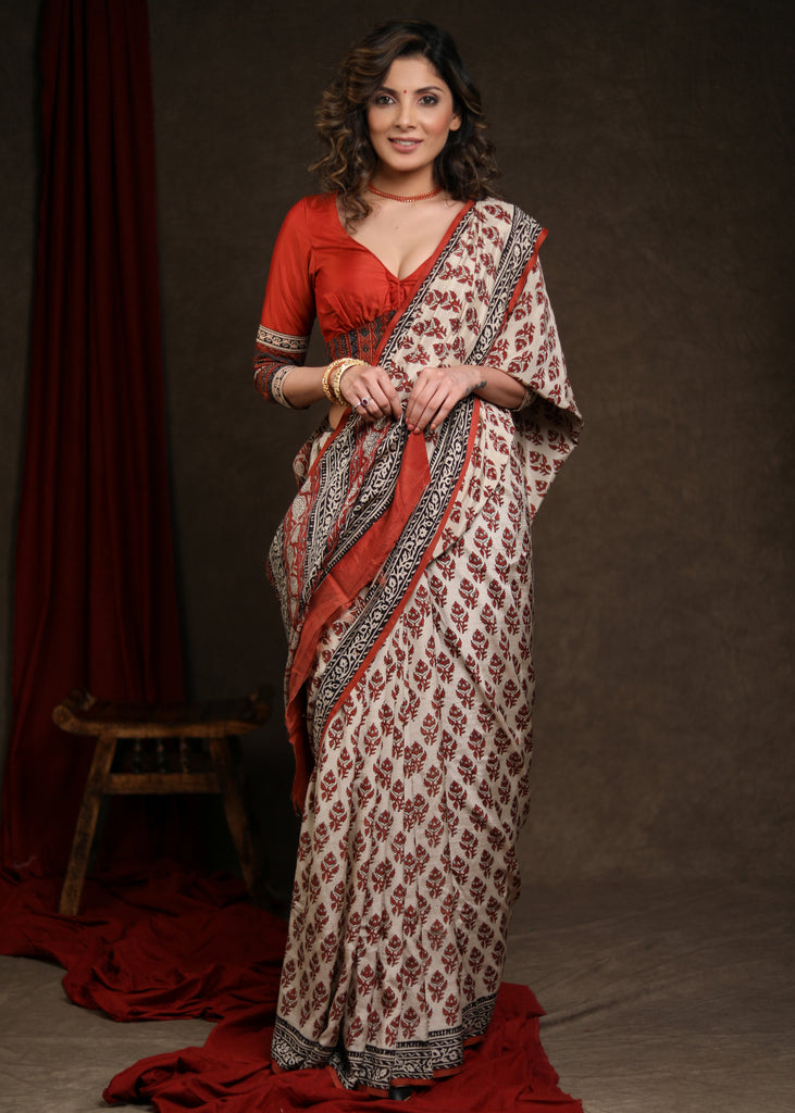 Classic Fakira Print Cream & Rust Modal Saree