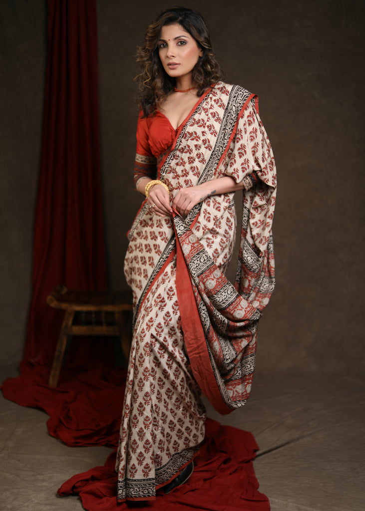 Classic Fakira Print Cream & Rust Modal Saree